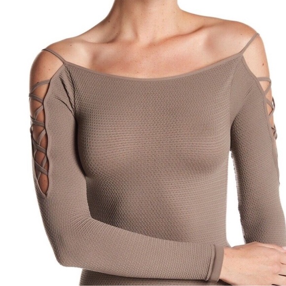 FREE PEOPLE Intimately Cold Shoulder Long Sleeve Top Stretch Nutmeg Tan - Picture 2 of 14